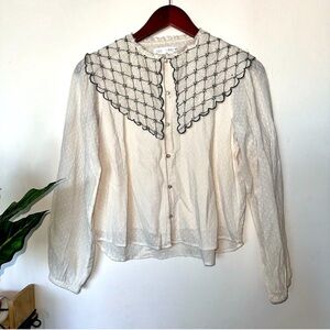 Zara Cream Blouse with Black Embroidered Collar